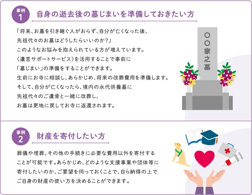 事例1:墓じまいを準備しておきたい、事例2:財産を寄付したい方